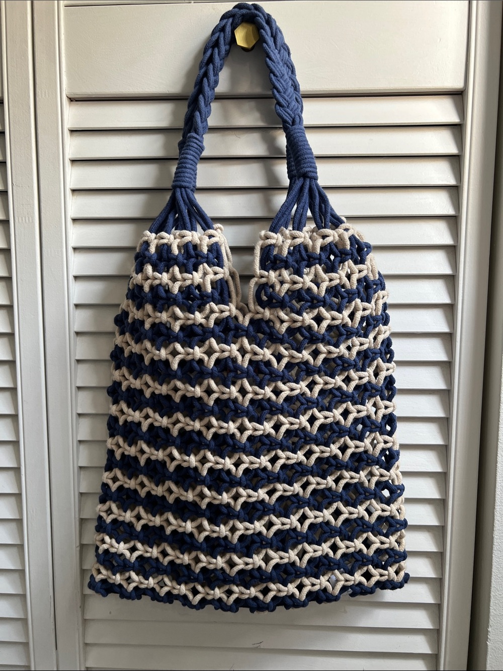 J. Crew Navy and Cream Crochet Tote